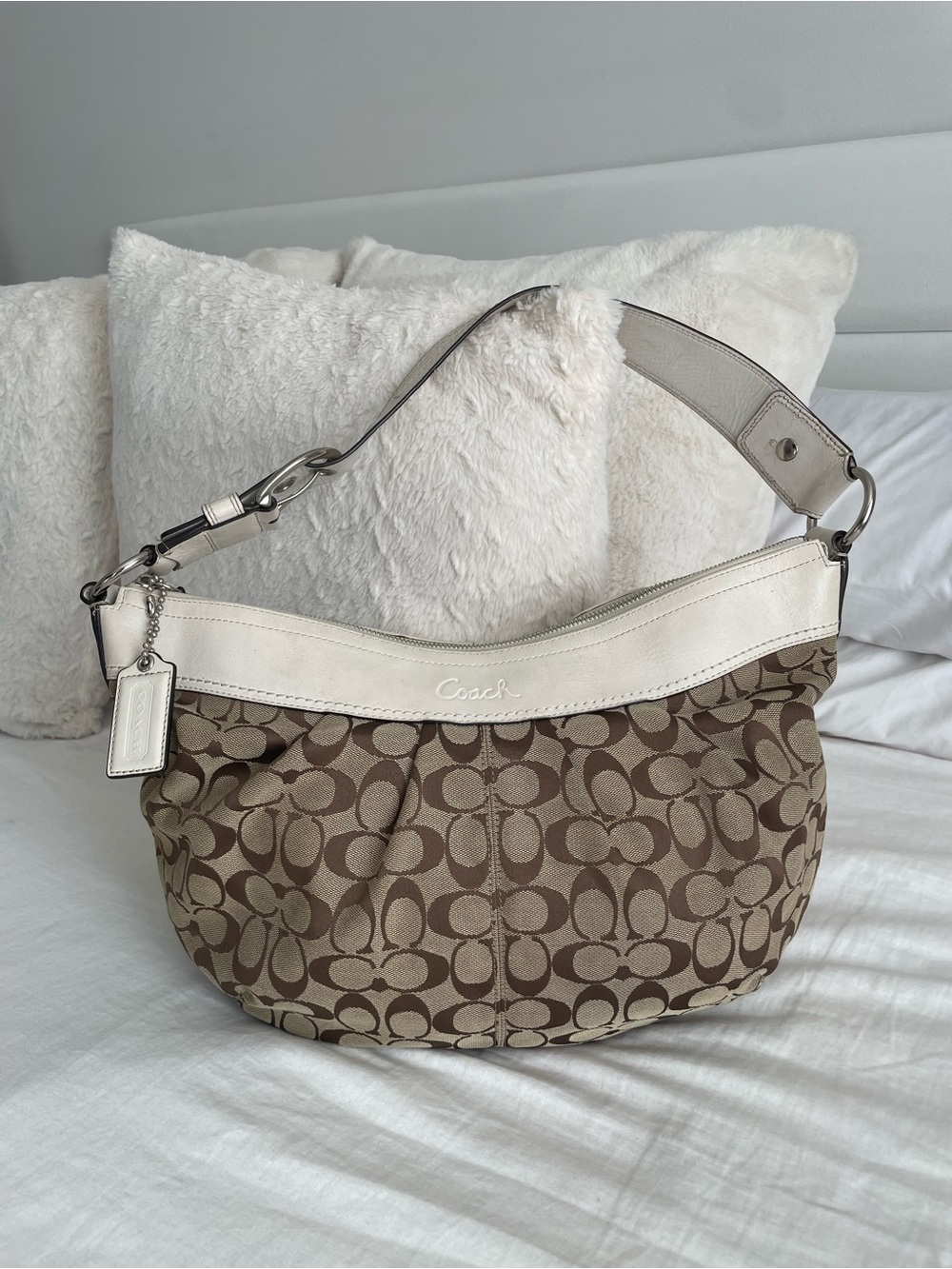 Coach Brown Signature Jacquard Hobo with White Trim